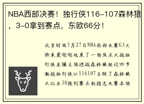 NBA西部决赛！独行侠116-107森林狼，3-0拿到赛点，东欧66分！