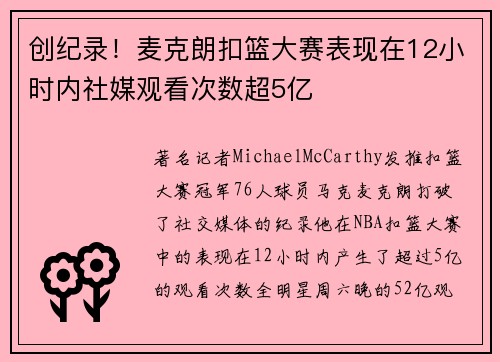 创纪录！麦克朗扣篮大赛表现在12小时内社媒观看次数超5亿